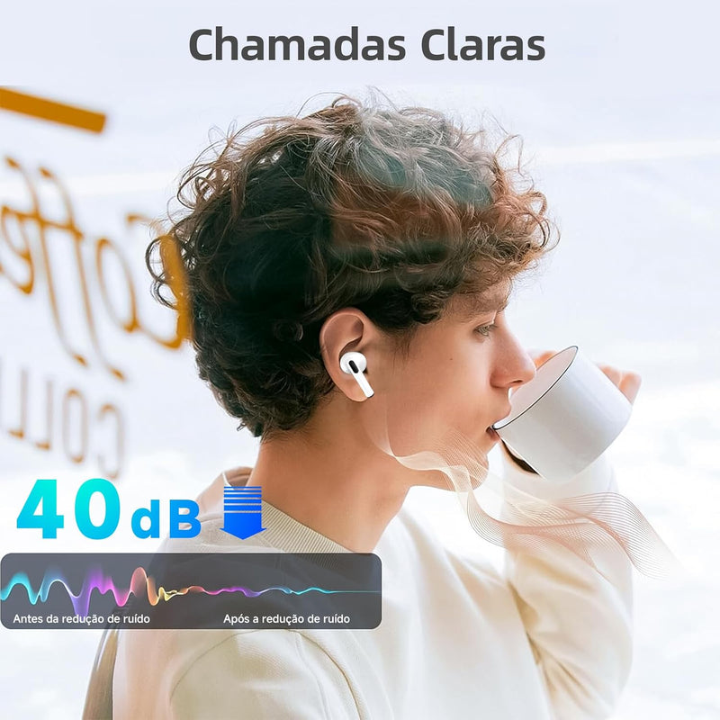 Fone De Ouvido Sem Fio Bluetooth 5.3 Compatível iPhone Android Com Microfone e Redução de Ruído Wireless Academia Corrida Musicas Graves Potentes Controle Touch,À Prova D'água HiFi Branco