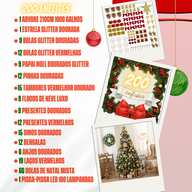 Kit Arvore De Natal Completa Enfeitada Luxo Kit Magia Do Natal Árvore Dos Sonhos De 2,10m 1000g E 200 Enfeites Para Decorar