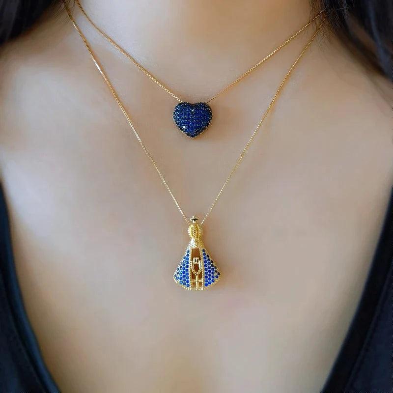 Colar Feminino Nossa Senhora Aparecida Banhado a Ouro 18k + Pedras de Zircônia (Dupla Face)